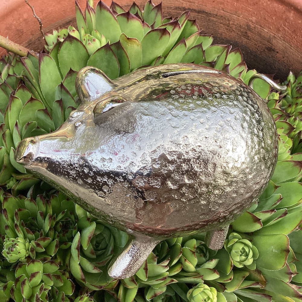 Heavy Silver Tone Metal Piggy Bank